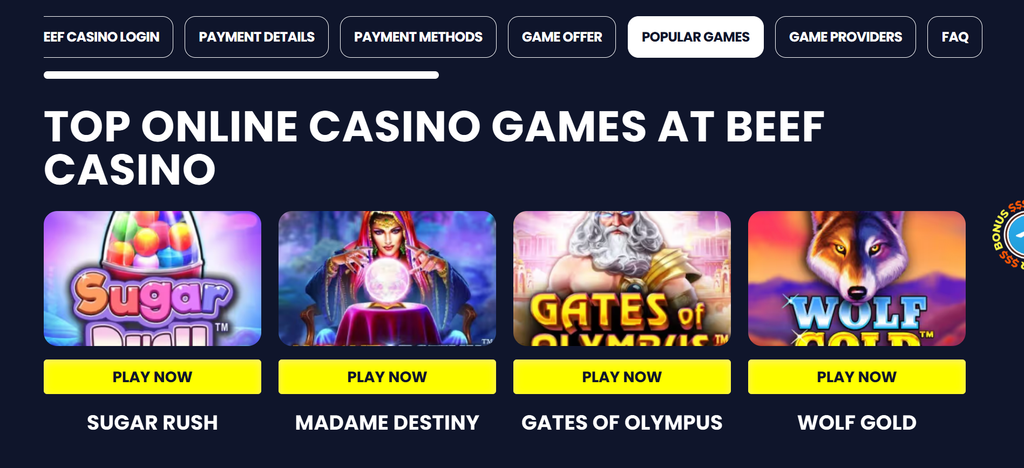 Beef Casino no deposit bonus terms listing the Novomatic title